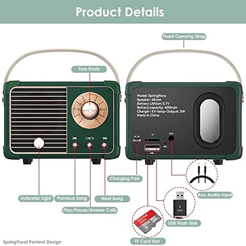 Retro Bluetooth Speaker, Cute Small Bluetooth Speakers Portable Wireless for Indoor Outdoor Vintage Home Office Decor, Perfect for Party Desk Kitchen Hiking Beach Travel Gift Ideas Green