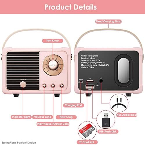 Retro Bluetooth Speaker, Wireless Vintage Small Speaker, Hands-Free Call,400mA Battery,TF Card,Aux Line, Portable Speaker for iOS Android Smartphone Home Office Gift Ideas Pink