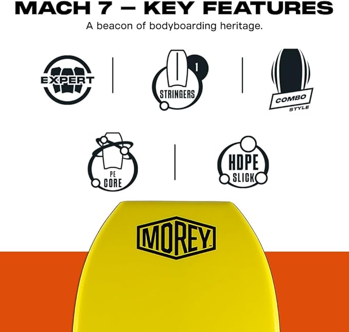 MOREY® Mach 7, Pro Bodyboard; Body Boards for Beach, Embedded Rod for Durability, Engineered with HDPE Slick Bottom for Speed (2025 Model)