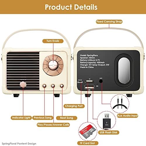 Retro Bluetooth Speaker,Wireless Vintage Small Speaker with Stereo Sound,Hands-free Call,400mA Battery,TF Card, Aux Line,Water-Proof For iOS Android Smartphone Home Office Gift Ideas White