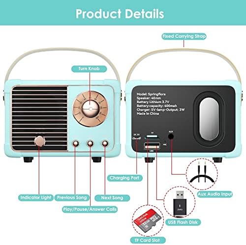 Retro Bluetooth Speaker,Wireless Vintage Small Speaker, Hands-Free Call,400mA Battery,TF Card, Aux Line, Portable Speaker for iOS Android Smartphone Home Office Gift Ideas Blue
