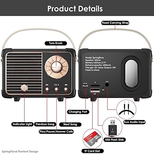 Retro Bluetooth Speaker, Vintage Decor, Small Portable Wireless Speaker,Hands-Free Call,400mA Battery,TF Card,Aux Line, for iOS Android Smartphone Home Office Gift Ideas Black