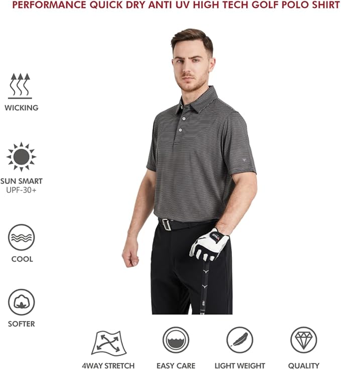 Men's Golf Polo Shirts Short Sleeve Striped Performance Moisture Wicking Dry Fit Golf Shirts for Men