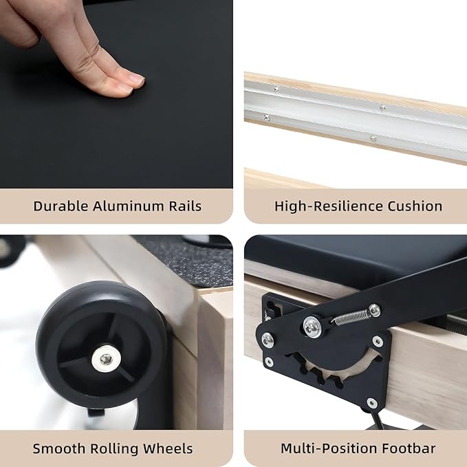 Pilates Reformer with Adjustable Height, Wooden Foldable Pilates Reformer Machine, Pilates Machine for Home Use and Studio, Pilates Equipment with Sitting Box, Jump Board and Accessories