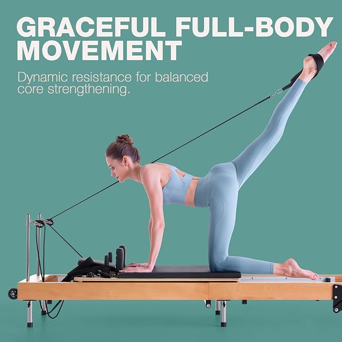 Pilates Reformer, ARKANTOS Reformer Pilates Machine Foldable Beech Wood Frame, Adjustable Resistance with Box and 2 Jump Boards, Easy Storage for Home Gym