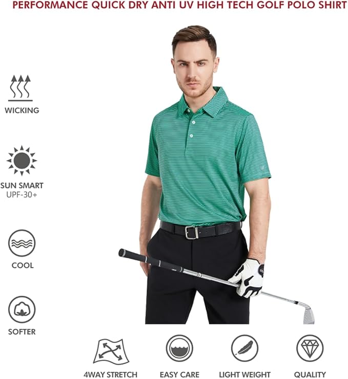 Men's Golf Polo Shirts Short Sleeve Striped Performance Moisture Wicking Dry Fit Golf Shirts for Men