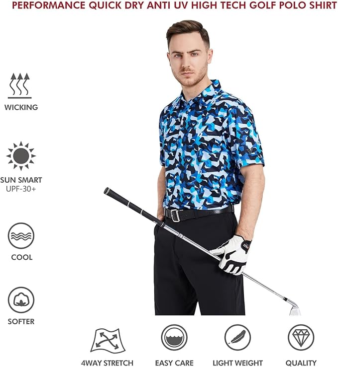 Men's Golf Polo Shirts Short Sleeve Striped Performance Moisture Wicking Dry Fit Golf Shirts for Men