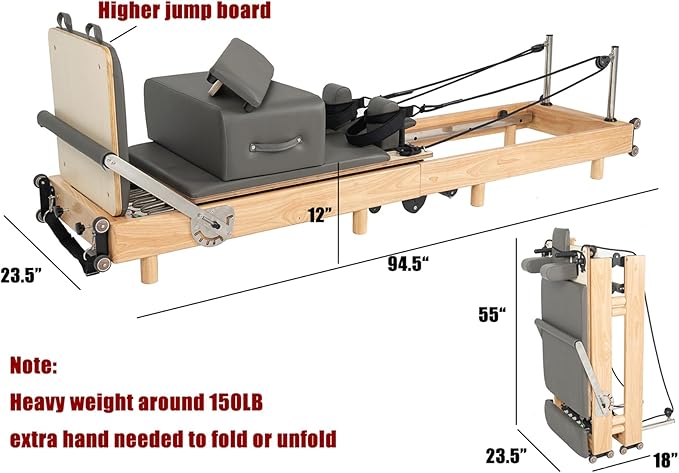 Pilates Reformer Machine, Wood Foldable Pilates Machine Equipment for Home Workout