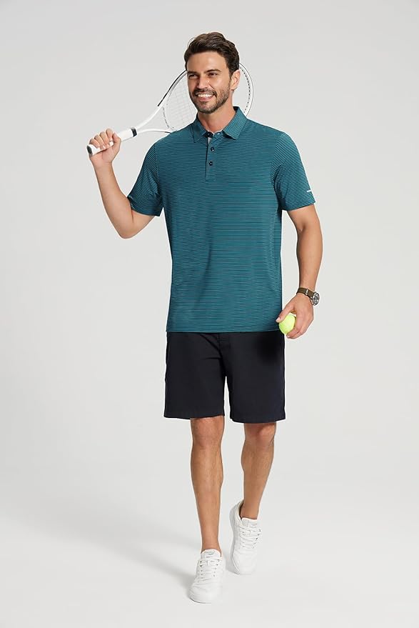 Golf Shirts for Men - Moisture Wicking Short Sleeve Performance Sport Casual Striped Collared Mens Polo Shirt