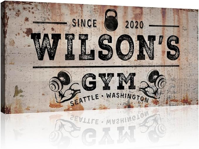 TAILORED CANVASES Personalized Gym Sign Wall Art Decor - Motivational Canvas s for Home Gym, Workout Room, Garage, Fitness Center - Workout Inspirational Posters - Kettlebell on Rustic, 48x24in