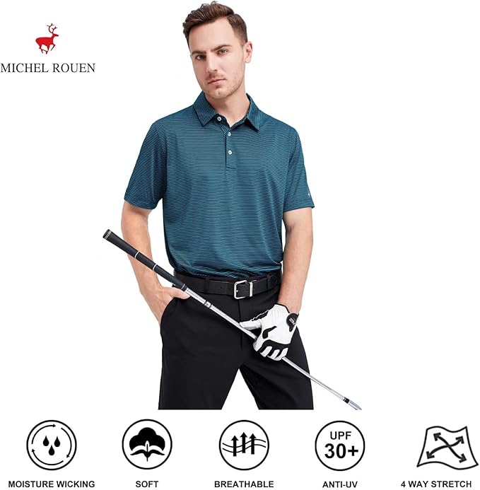 Mens Golf Shirt Moisture Wicking Dry Fit Performance Sport Short Sleeve Striped Golf Polo Shirts for Men