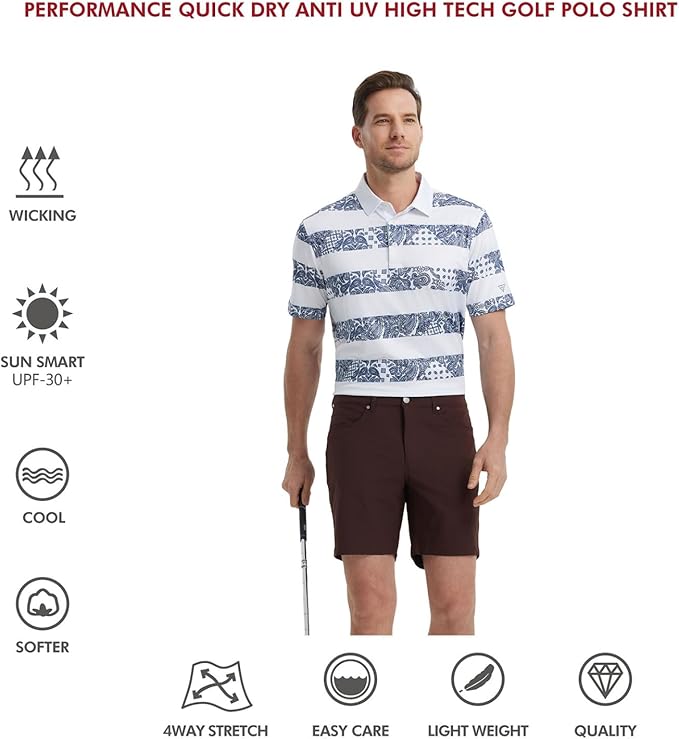 Men's Golf Polo Shirts Short Sleeve Striped Performance Moisture Wicking Dry Fit Golf Shirts for Men
