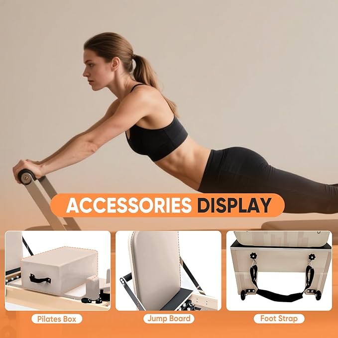 Professional Pilates Reformer Machine with Jumpboard, Reformer Box & Foot Straps – Studio-Grade Wood Frame Equipment for Home Workouts, Adjustable Resistance & Smooth Glide System