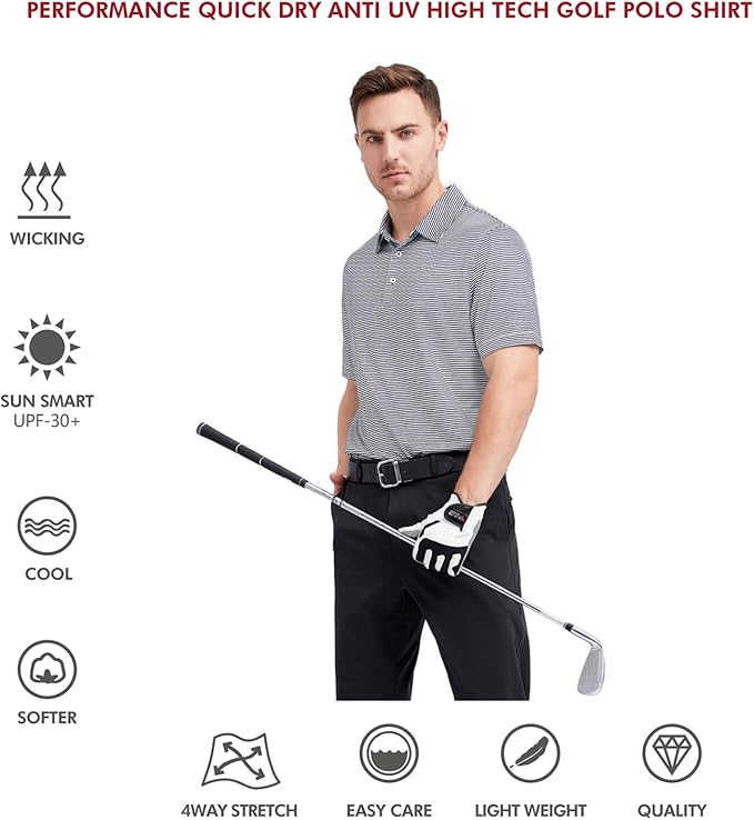 Men's Golf Polo Shirts Short Sleeve Striped Performance Moisture Wicking Dry Fit Golf Shirts for Men