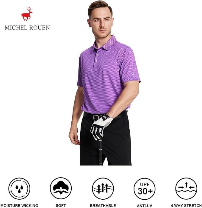 Mens Golf Shirt Moisture Wicking Dry Fit Performance Sport Short Sleeve Striped Golf Polo Shirts for Men