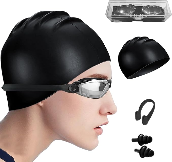 Swim Goggles Swimming Goggles No Leaking with Nose Clip, Earplugs, Swim Cap and Case for Men Women