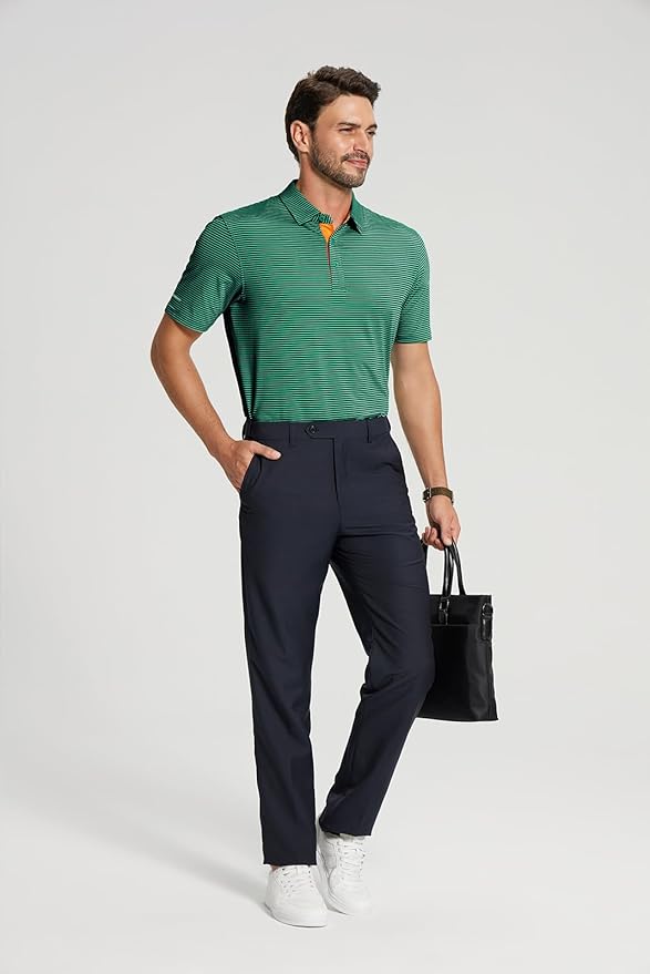 Golf Shirts for Men - Moisture Wicking Short Sleeve Performance Sport Casual Striped Collared Mens Polo Shirt