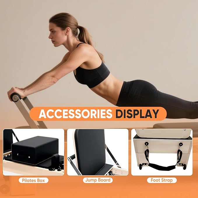 Professional Pilates Reformer Machine with Jumpboard, Reformer Box & Foot Straps – Studio-Grade Wood Frame Equipment for Home Workouts, Adjustable Resistance & Smooth Glide System
