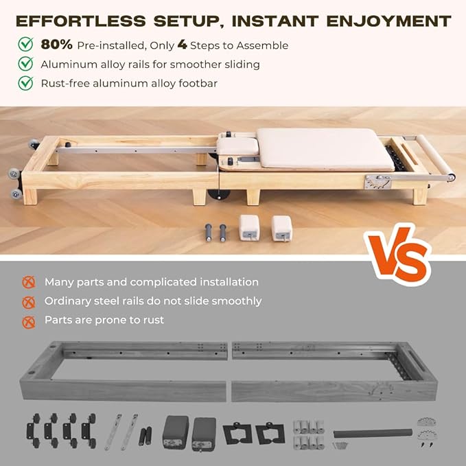 Pilates Reformer Machine, Quick-Assembly Studio Grade Pilates Equipment for Gym and Home, Oak Wood Pilates Reformer with Reformer Accessories
