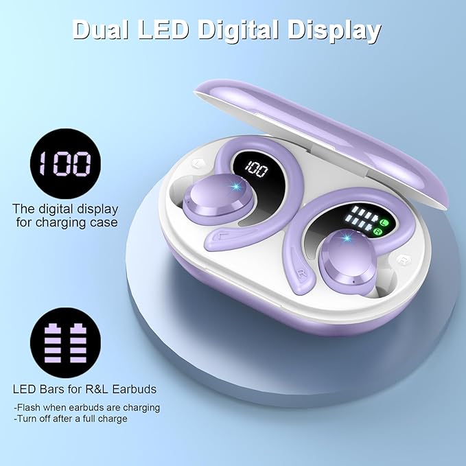 Wireless Earbud, Bluetooth 5.4 Headphones IP7 Waterproof for Sport, 48H Running Wireless Earphones with ENC Noise Cancelling Mic, Deep Bass Over Ear bud with Earhooks for Android, iOS, Workout, Purple