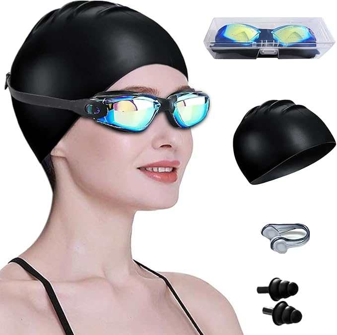 Swim Goggles Swimming Goggles No Leaking with Nose Clip, Earplugs, Swim Cap and Case for Men Women