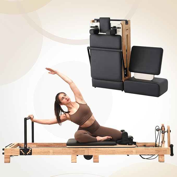 Pilates Reformer, PAETA Wooden Foldable Pilates Reformer Machine with Springs, Pilates Machines for Home Use and Studio, Pilates Equipment with Sitting Box, Jump Board and Accessories