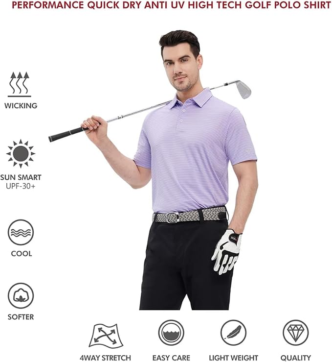 Men's Golf Polo Shirts Short Sleeve Striped Performance Moisture Wicking Dry Fit Golf Shirts for Men