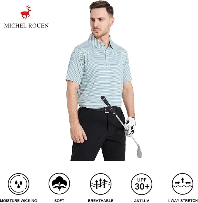 Mens Golf Shirt Moisture Wicking Dry Fit Performance Sport Short Sleeve Striped Golf Polo Shirts for Men
