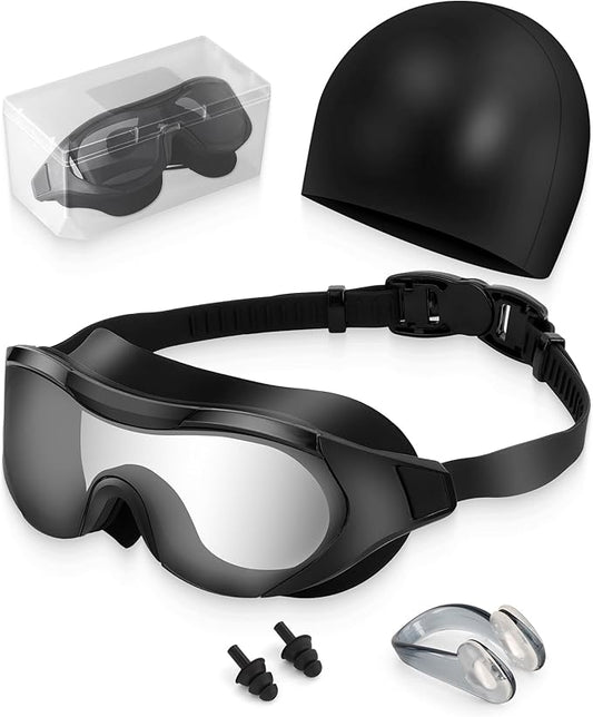 Swim Goggles with Nose Clip, Ear Plugs & Swim Cap, Anti-Fog UV Protection Lens, Leakproof Adjustable Strap for Adult