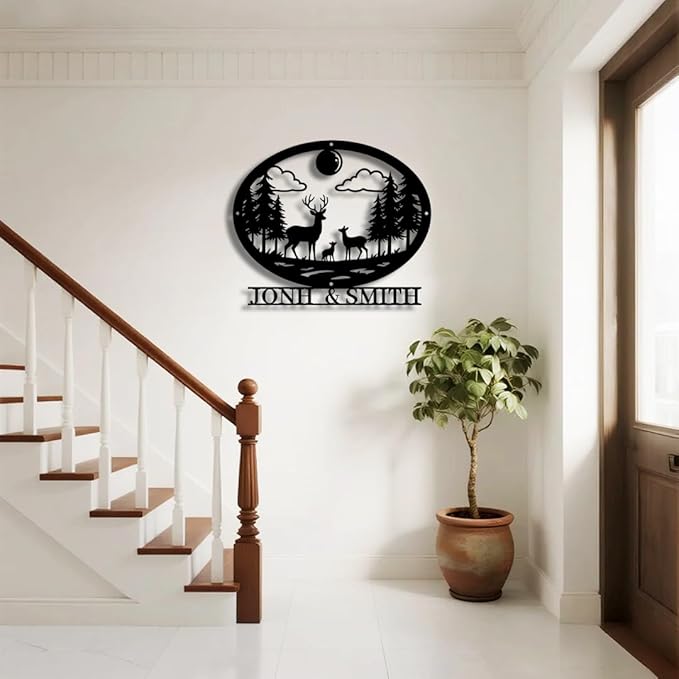 Personalized Forest Deer Metal Name Sign | Custom Metal Signs | Family Wall Art & Split Letter Name | Wedding Gift & Anniversary | Indoor Decor Gift for Women, Men, Wife, Parents, Couple