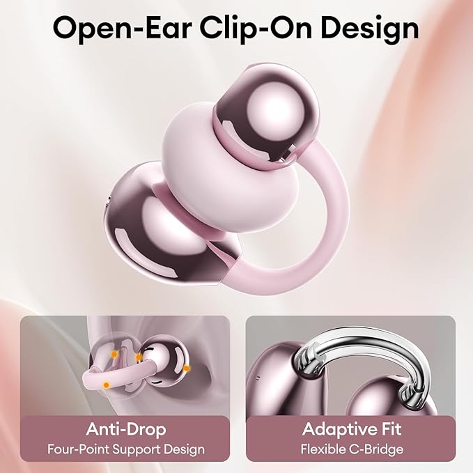 PAXA Stylish Open Ear Clip On Earbuds with Removable Butterfly Earring, Clip On Headphones with LCD Touch Screen, Fashionables Open Ear Headphones for Women, Butterfly Earring Rose Gold Earbuds