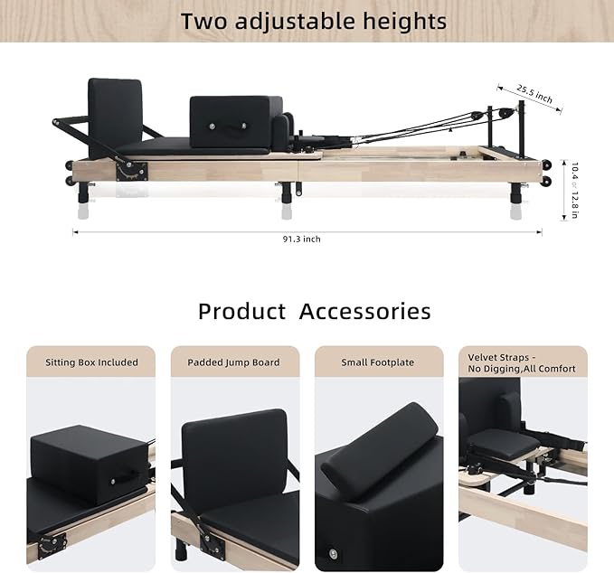 Pilates Reformer with Adjustable Height, Wooden Foldable Pilates Reformer Machine, Pilates Machine for Home Use and Studio, Pilates Equipment with Sitting Box, Jump Board and Accessories