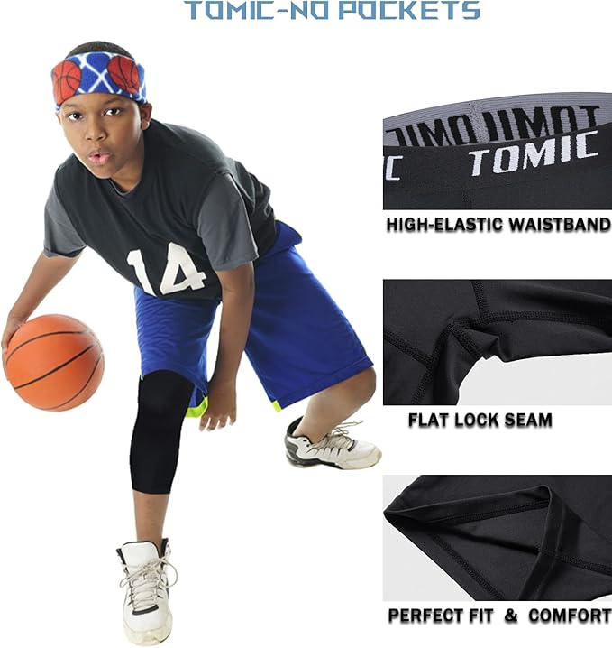Tomic Youth Boys Kids One Leg 3/4 Leggings Compression Pants for Basketball Soccer Sports Athletic Training Tights Base Layer