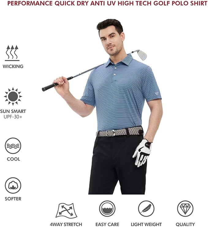 Men's Golf Polo Shirts Short Sleeve Striped Performance Moisture Wicking Dry Fit Golf Shirts for Men