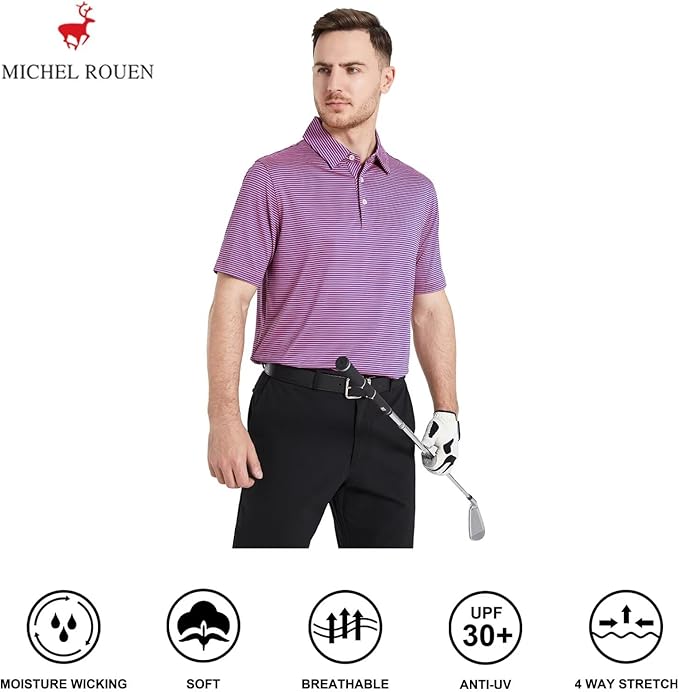 Mens Golf Shirt Moisture Wicking Dry Fit Performance Sport Short Sleeve Striped Golf Polo Shirts for Men