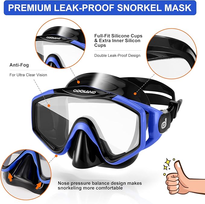 Odoland Kids Snorkeling Packages Snorkel Set, Dry Top Snorkel Mask with Adjustable Swim Fins for Boys and Girls Age 7-14
