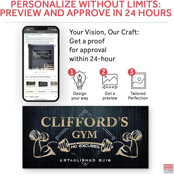 Tailored Canvases Personalized Gym Sign Wall Art Decor - Motivational Canvas for Home Gym, Workout Room, Garage, Fitness Center - Workout Inspirational Posters - Gym Name on Charcoal Background, 60x30in