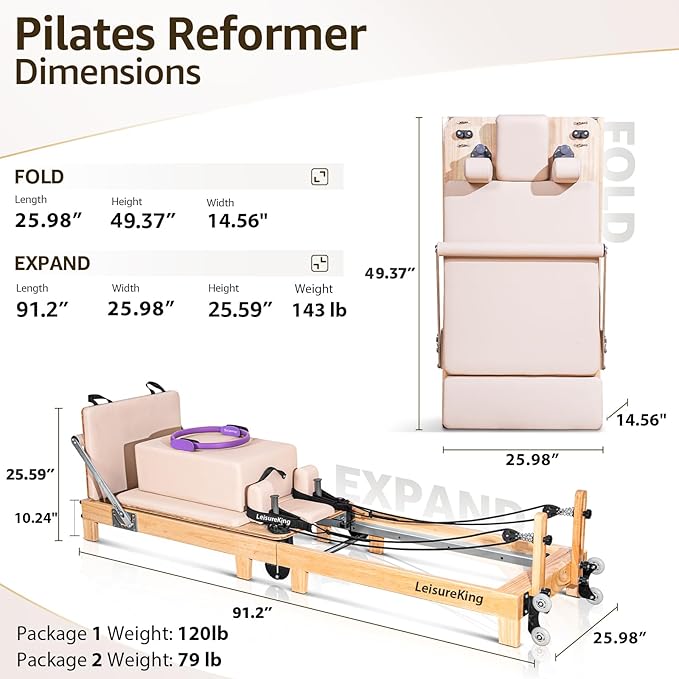 Pilates Reformer Machine, Quick-Assembly Studio Grade Pilates Equipment for Gym and Home, Oak Wood Pilates Reformer with Reformer Accessories