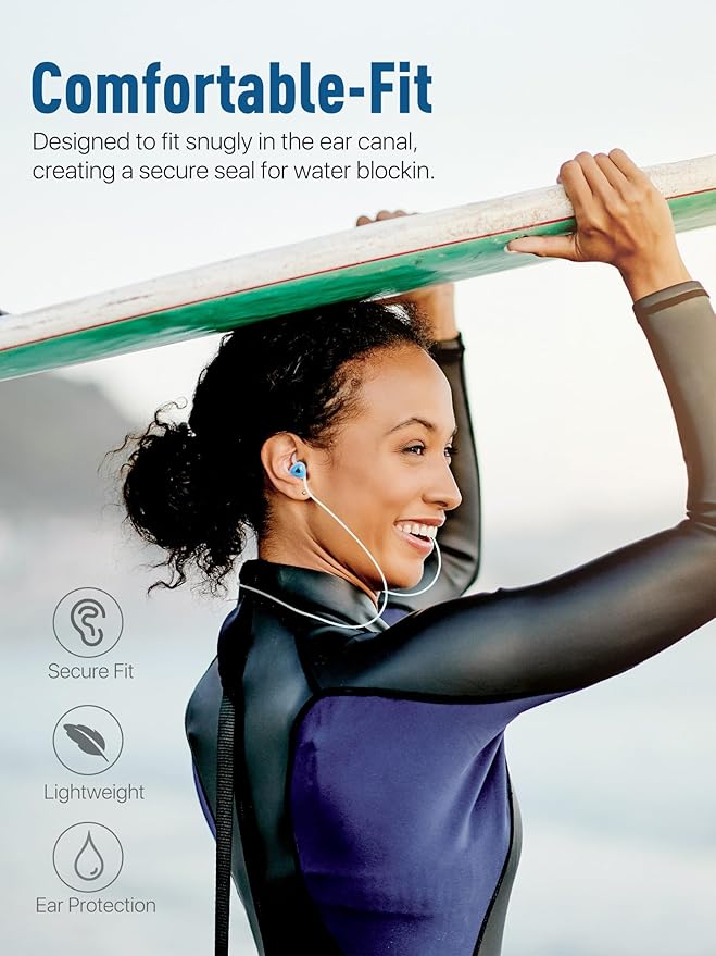 Hearprotek Swimmer Ear Plugs, 1 Pair Custom-fit Water Protection Adult Swimming Earplugs for Swimmers Surfer, Universal-fit with Lanyard, Perfect for Swimming,Surfing, Other Water Activities Blue