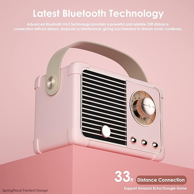 Retro Bluetooth Speaker, Wireless Vintage Small Speaker, Hands-Free Call,400mA Battery,TF Card,Aux Line, Portable Speaker for iOS Android Smartphone Home Office Gift Ideas Pink