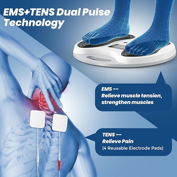 EMS Foot Massager for Neuropathy Relief, TENS Foot Nerve Circulation Stimulator for Pain Relief, Muscle Stimulator with 4 Body Pads, Relieves Swelling, Cramps, Plantar Fasciitis