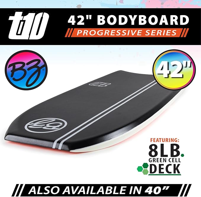BZ BodyBoards - T-10 Progressive Series Bodyboard - HDPE Slick - Crescent Tail - PHUZION Core - 8lb Deck