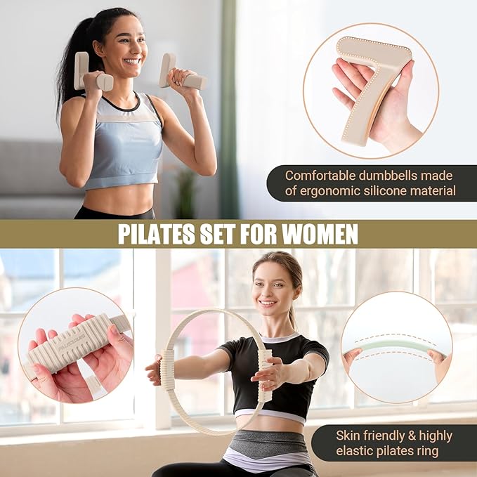 Pilates Ring Set, Pilates Essential Kit with Pilates Ring and Ball, 2.2lb *2 Ergonomic 7-Shaped Dumbbells, Portable Bag & Training Poster, at Home Workouts Pilates Sets for Women