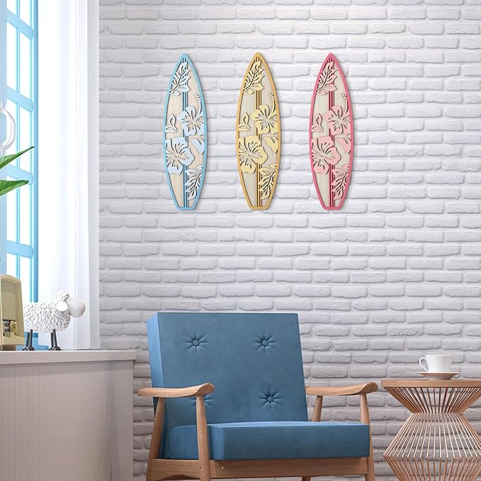 RattanView 3 Pieces Hibiscus Surfboard Decor for Bedroom Wooden Beach Wall Decor Summer Wood Surfboard Wall Hanging Sign for Tropical Living Room Decoration(Yellow, Blue, Pink)