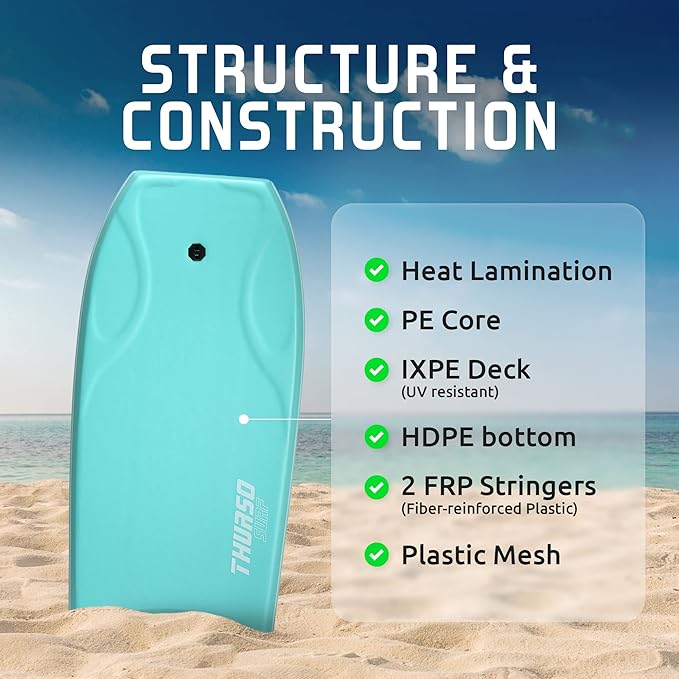 THURSO SURF 42'' Body Boards for Beach Pool Lightweight PE Core IXPE Deck HDPE Bottom FRP Stringers High Performance Body Board with Double Swivel Surf Leash and Bodyboard Bag Lightning