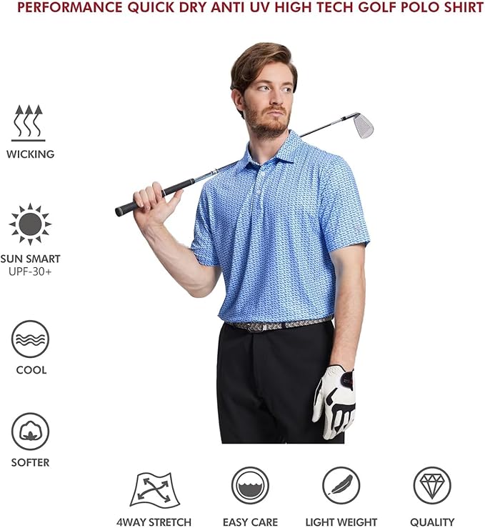 Men's Golf Polo Shirts Short Sleeve Striped Performance Moisture Wicking Dry Fit Golf Shirts for Men