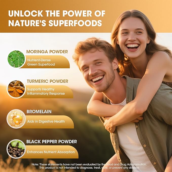 2 Pack Moringa Capsules 10-in-1 Superfood Supplement β Turmeric Curcumin, Bromelain & Black Pepper β Antioxidant, Energy & Skin Support β Vegan, Non-GMO