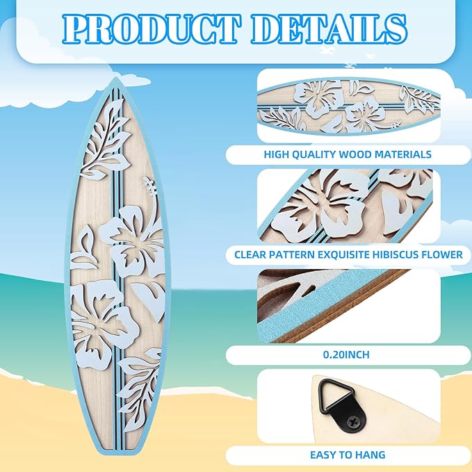 RattanView 3 Pieces Hibiscus Surfboard Decor for Bedroom Wooden Beach Wall Decor Summer Wood Surfboard Wall Hanging Sign for Tropical Living Room Decoration(Yellow, Blue, Pink)