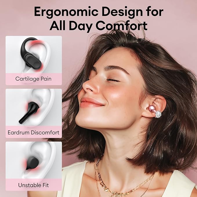 PAXA Stylish Open Ear Clip On Earbuds with Removable Diamond Earring, Clip On Headphones with LCD Touch Screen, Fashionables Open Ear Headphones for Women, Diamond Earring Rose Gold Earbuds