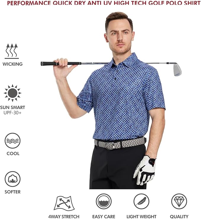 Men's Golf Polo Shirts Short Sleeve Striped Performance Moisture Wicking Dry Fit Golf Shirts for Men